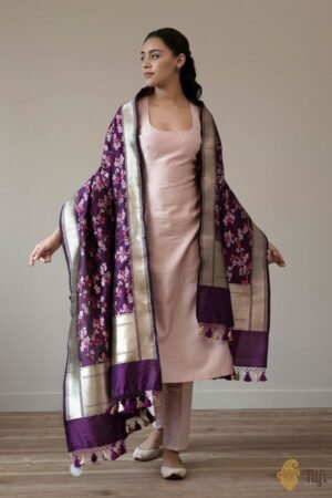 Blush Pink Silk Kurta Set with Plum Banarasi Dupatta