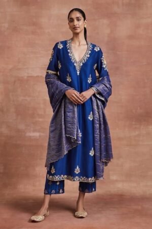 Royal Blue Embroidered Silk Kurta Set with Dupatta