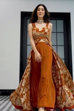 Rust Orange Indo-Western Jumpsuit with Printed Cape