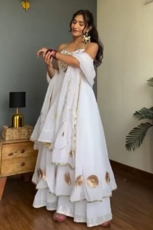 White Layered Anarkali Set with Golden Detailing