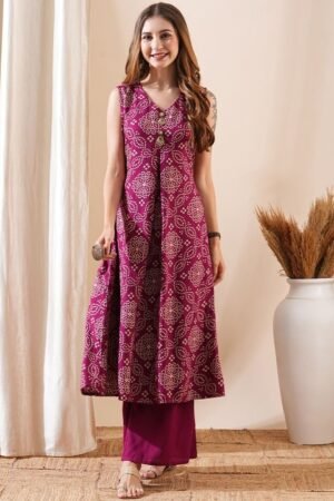 Magenta Printed Sleeveless Cotton Kurta Set