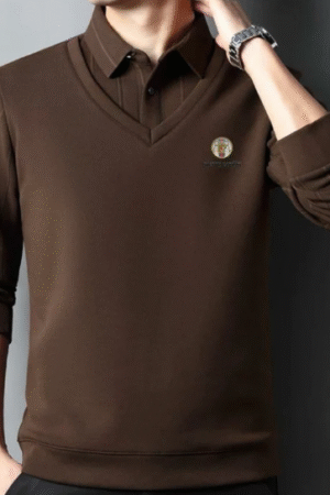 Brown V-Neck Pullover with Shirt Collar