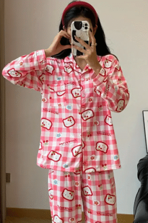 Pink Checkered Cartoon Pajama Set