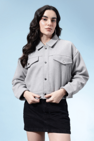 Cropped Light-Gray Button-Front Jacket