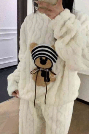 Cozy White Fleece Set with Teddy Bear Design