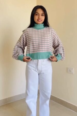 Mint & Beige Checkered Turtleneck Sweater