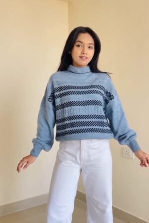 Blue Patterned High-Neck Knit Sweater