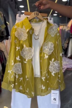 Women’s Floral Embroidered Sheer Shrug with Inner Top & Pants