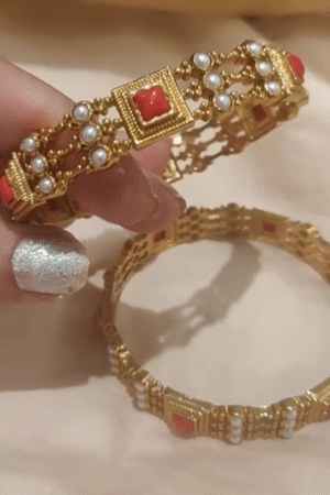 Classic Gold-Plated Jadau Bangles with Red Stone and Pearl Detailing