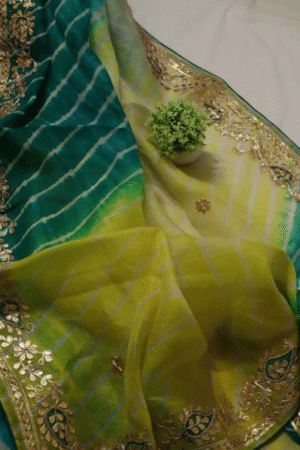Green & Yellow Ombre Silk Saree with Gold Border