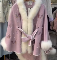Elegant Pink Fur-Trimmed Embroidered Coat