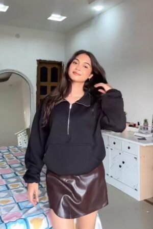 Chic Casual Look with Black Zip-Up and Leather Skirt