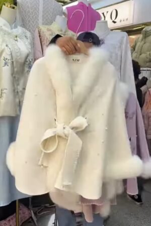 Elegant White Fur-Trimmed Pearl Embellished Cape Coat