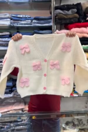 Cream Knitted Cardigan with Pink 3D Bow Accents