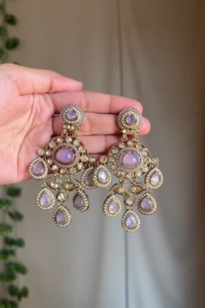 Elegant Kundan Chandelier Earrings with Lavender Stone Accents