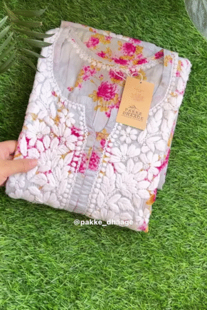 Women’s Cloud Grey Pure Mulmul Floral Embroidered Suit Set