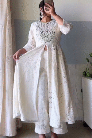 Women’s White Chikankari Angrakha Kurta Set