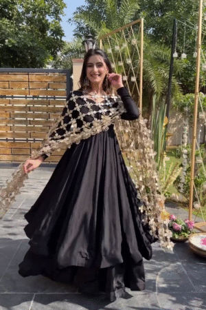 Elegant Black Anarkali Suit with Gold Floral Net Dupatta