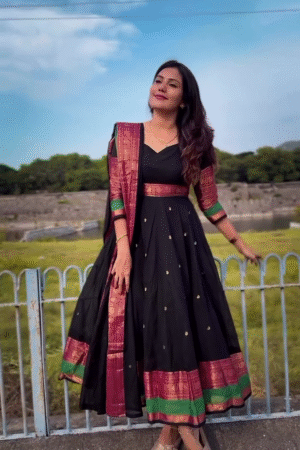 Elegant Black Anarkali Suit with Maroon & Green Borders