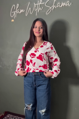 Women’s White & Red Floral Print V-Neck Top