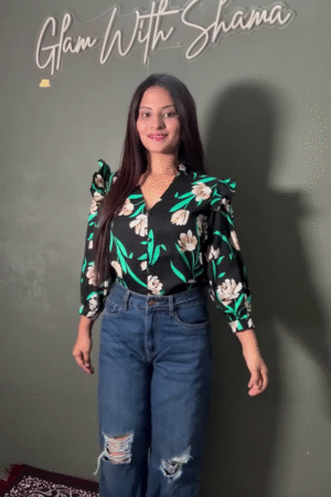 Women’s Black Floral Printed V-Neck Top