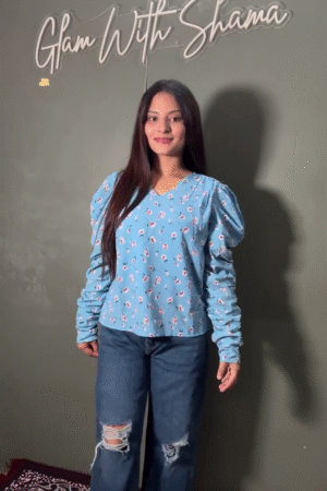 Sky Blue Floral Puff Sleeve Top for Women