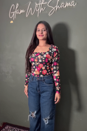 Women’s Black Floral Square-Neck Stretch Top