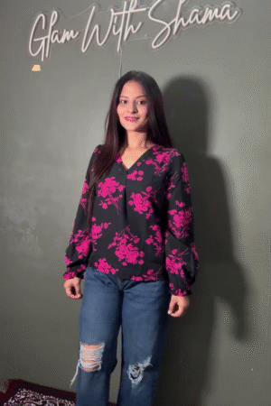 Black Floral V-Neck Women’s Top with Long Sleeves