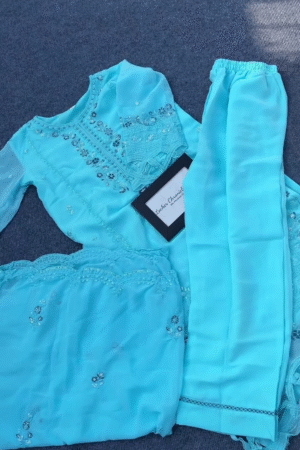 Aqua Blue Embroidered Kurta Set with Matching Pants