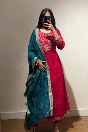 Elegant Red Embroidered Kurta Set with Teal Dupatta