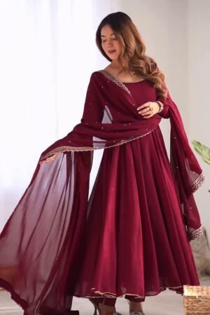 Wine Red Anarkali Suit with Sheer Dupatta – Elegant Festive & Wedding Party Wear Anarkali Dress