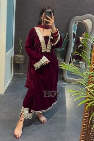 Wine Velvet Embroidered Kurta Set with Dupatta – Luxury Festive & Wedding Party Wear Suit