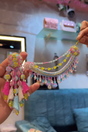 Handcrafted Pastel Beaded Ear Cuff with Floral Stud & Pearl Chain