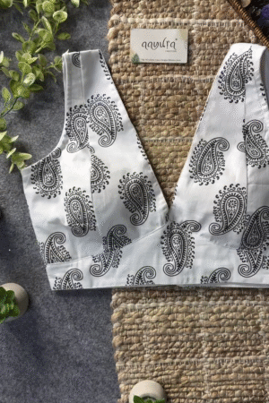 White Cotton Paisley Printed Saree Blouse
