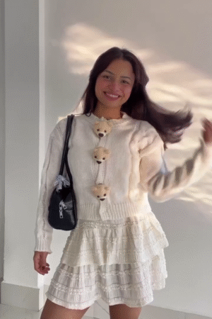 Women’s Cream Knit Sweater with Teddy Button Detail & Layered Skirt