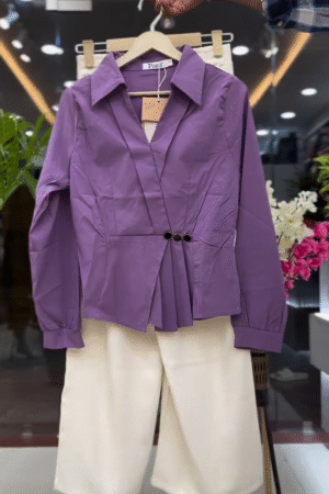 Women’s Purple Peplum Shirt Top with Cream Wide-Leg Pants