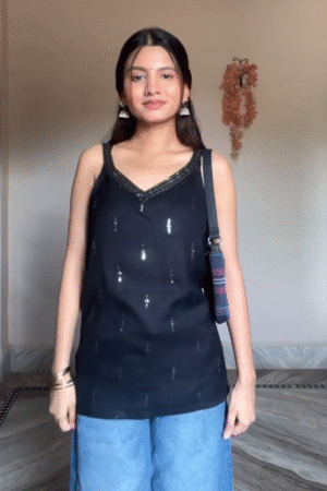 Black Sleeveless V-Neck Embellished Top for Women – Casual Chic Ethnic Fusion Wear