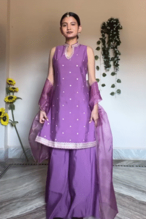 Royal Purple Embroidered Kurta Set with Sharara & Organza Dupatta