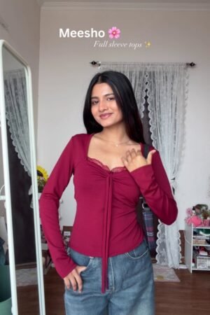 Women’s Maroon Full Sleeve Fitted Top with Lace Neckline – Casual Chic Stretch Top