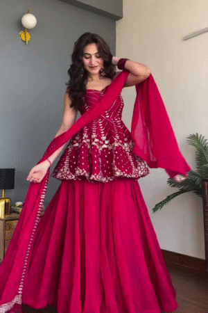 Deep Red Embroidered Lehenga Set with Dupatta – Bridal & Wedding Party Wear
