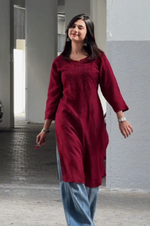 Maroon Embroidered Kurti with Wide-Leg Pants – Casual Ethnic Daily Wear