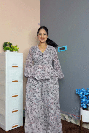 Grey Paisley Print Peplum Top with Wide-Leg Palazzo Set – Chic Co-ord Outfit
