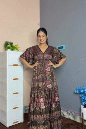 Brown Paisley Tiered Maxi Dress with Flutter Sleeves – Boho Ethnic Stylec