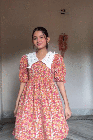 Orange Floral Puff Sleeve Dress with White Lace Collar – Cute Vintage Style Women’s Dress
