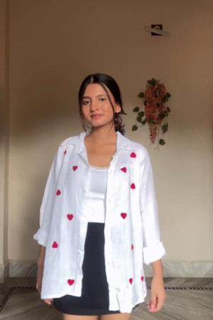 White Oversized Shirt with Red Heart Print – Cute Casual Layering Top for Women