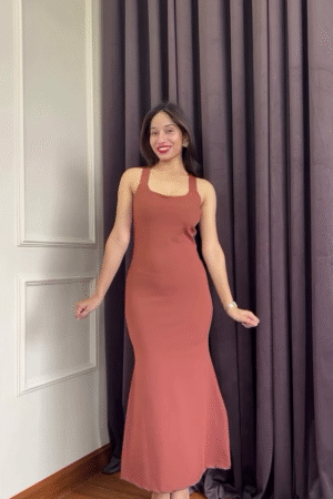 Rust Brown Bodycon Maxi Dress – Sleeveless Scoop Neck Elegant Evening Gown
