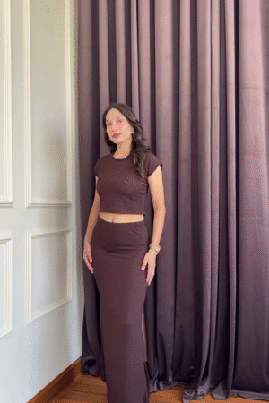 Chocolate Brown Co-Ord Set – Fitted Crop Top & High-Waist Maxi Skirt