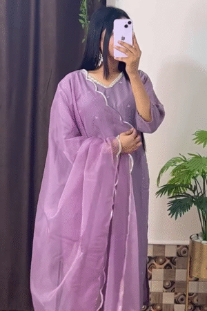 Lavender Straight Kurta Set with Organza Dupatta