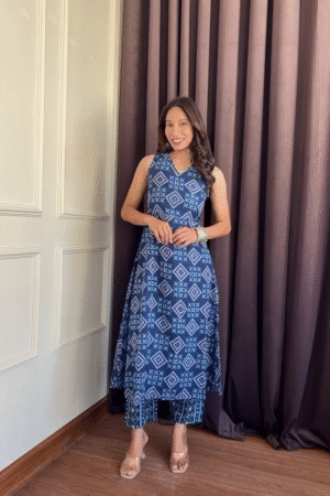 Indigo Printed Sleeveless Kurta Set with Straight Pants