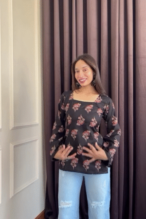 Black Floral Print Square-Neck Top with Bell Sleeves